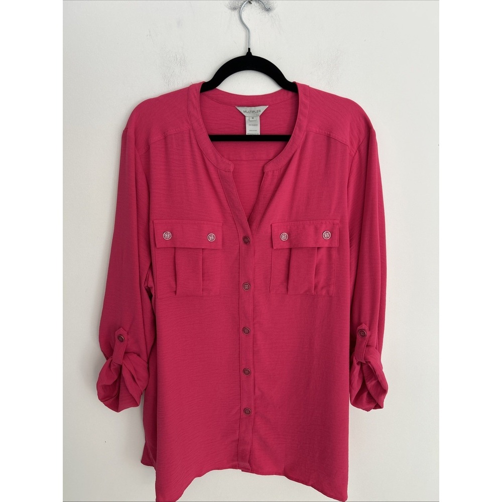 Multiples Women 1X Long/tab Sleeve Bright Pink Button Up Crinkle V-Neck Pockets